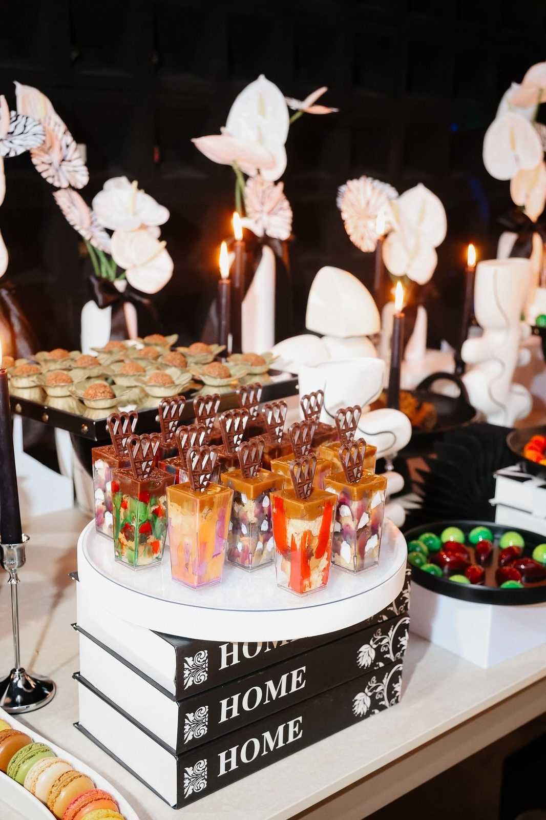 Black and white themed dessert display