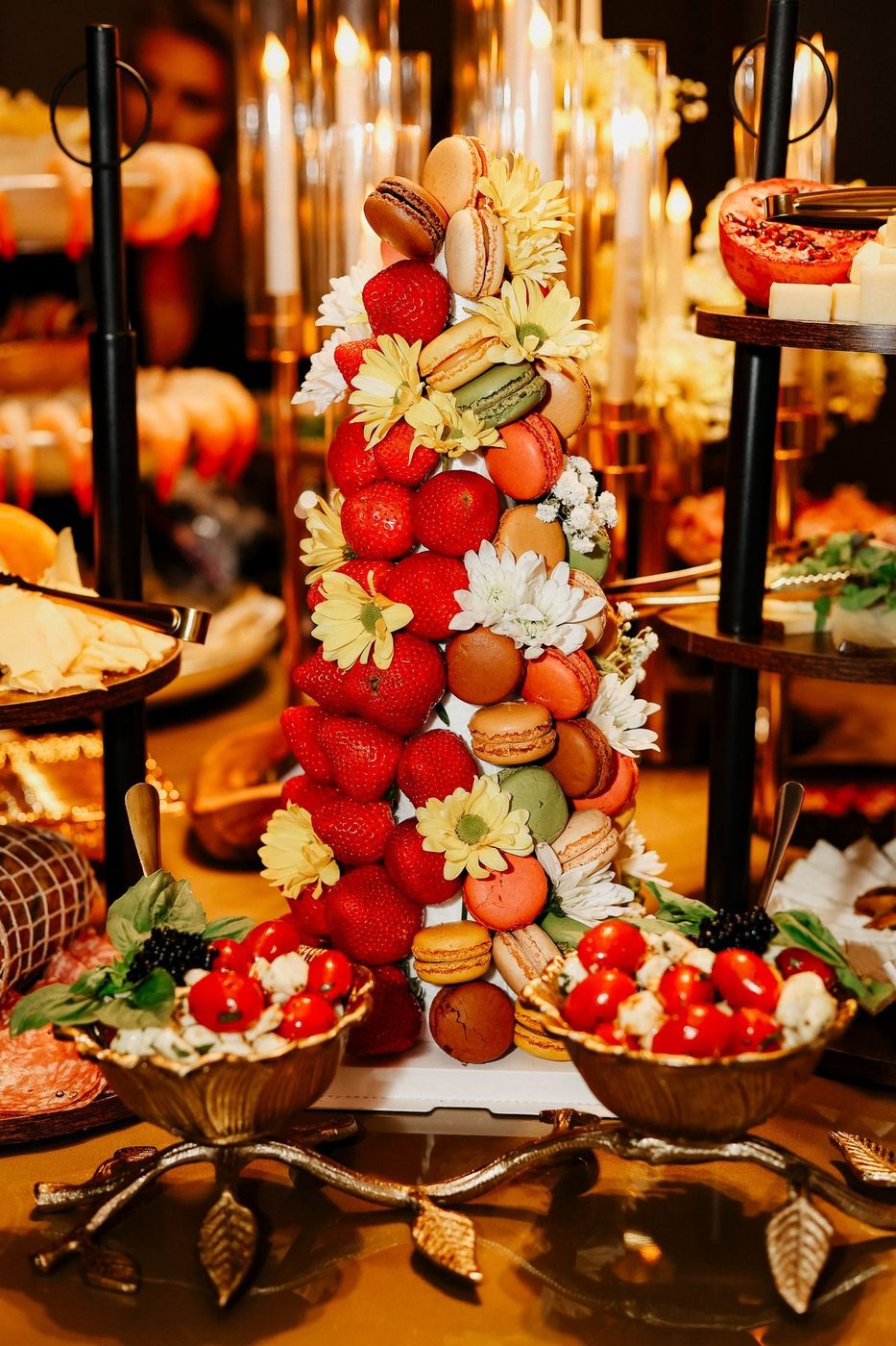 Tower of strawberries, macarons and flowers